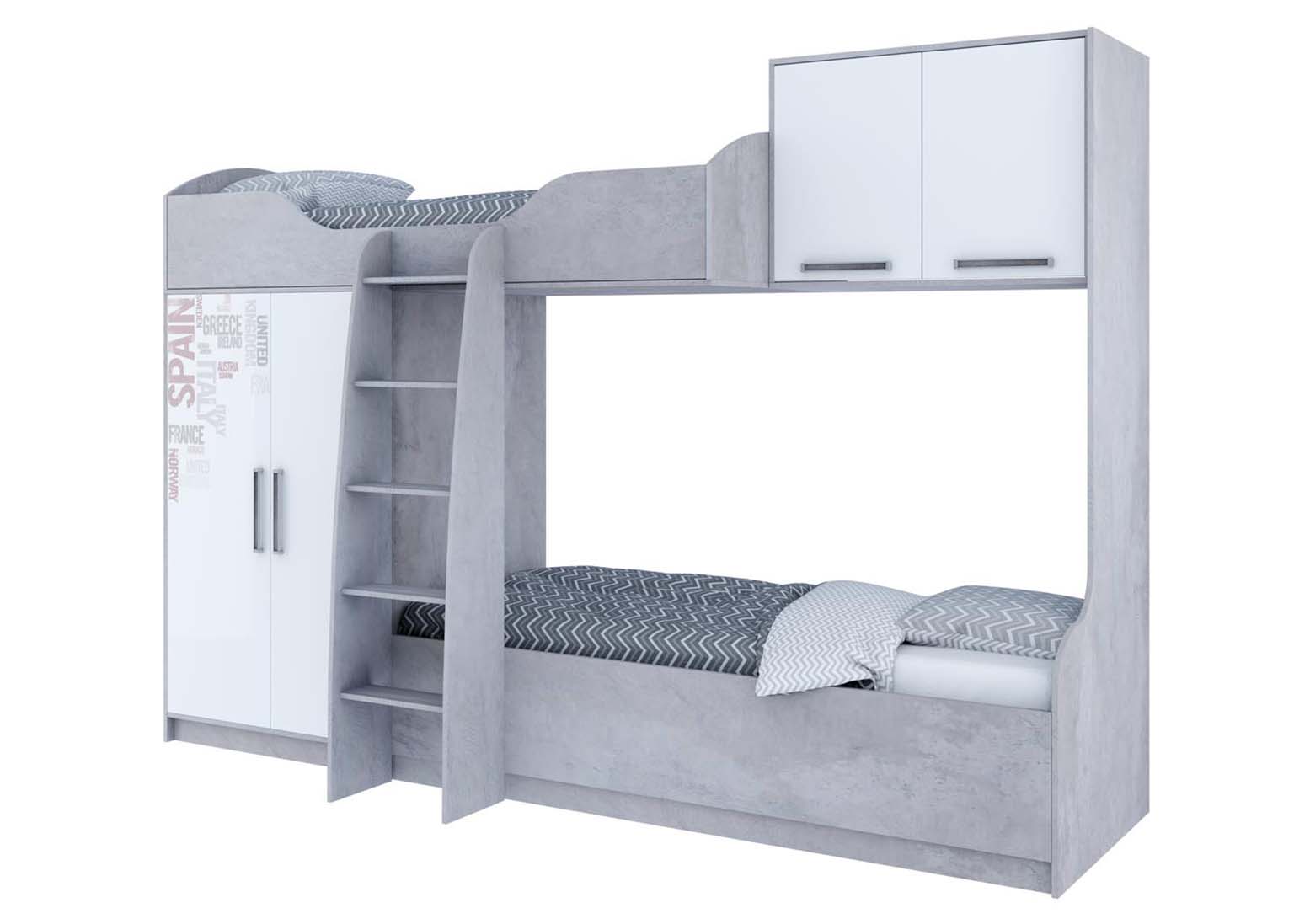 Детская Грей Кровать двухъярусная Цемент светлый Белый с фотопечатью SV-Мебель