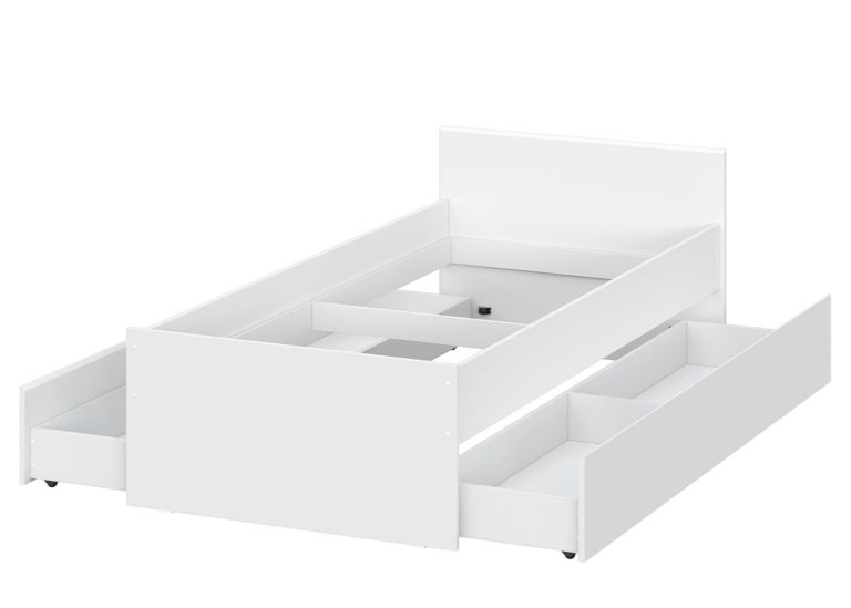 Кровать односпальная 0,9 x 2,0 и 2 Ящика выкатных ящика Детская Токио белый SV-Мебель